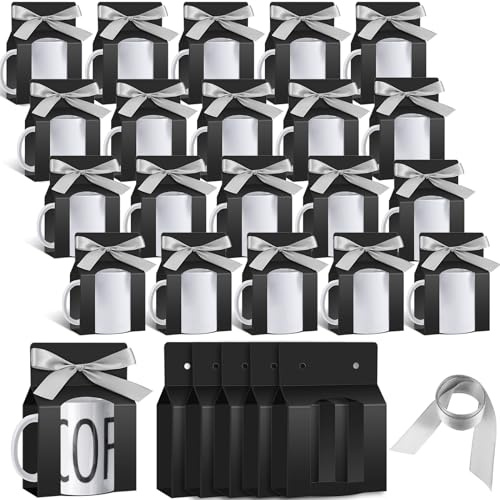 Kosiz 36 Stück schwarze Tassenboxen Sublimations-Kaffeetassen Geschenktüten mit Sichtfenster Verpackung Aufbewahrungsbox für Versand, Verkauf, Abschlussfeier, Geschenkverpackung (für 325 ml Tasse)