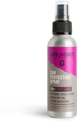 SPF50+ Sun Protection Spray - High Factor UVA 5* Ultra, UVB, Water Resistant, Non Greasy Sun Cream SPF 50 Quick Dry Oil Spray For Face, Body and Scalp. Suitable for Men & Women. LifeJacket Skin 100ml