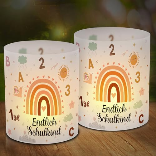 12 Windlicht Tischdeko Einschulung Mädchen, Endlich Schulkind 2024 Tisch Deko, Windlichter Tischdeko Schulanfang mit ABC, Boho Regenbogen Erster Schultag Deko, Geeignet für Teelichter oder Kerzen