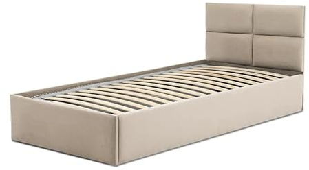 Mebligo - Polsterbett 90x200 mit Bettkasten, Bettgestell, Einzelbett mit Lattenrost, Jugendbett Bett mit Kopfteil, Stauraumbett Monos, Bett Ohne Matratze - Beige (Trinity 02)