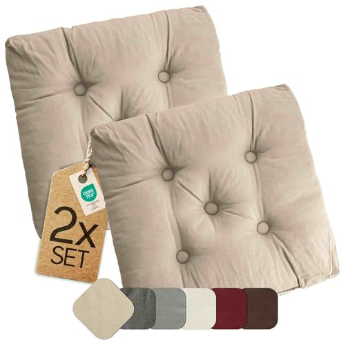 etérea Sitzkissen 42x42 cm 2er Set - Taupe 8 cm hoch - Bodenkissen für Indoor, Outdoor, Küche, Garten, Auflage - Heidi Stuhlauflage - 2 Stück Stuhlkissen 40x40 cm Taupe