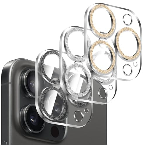 Kucheed 3 Pezzi Protezione per Fotocamera Lucida per iPhone 15 Pro/iPhone 15 Pro Max, Scocca in Acrilico Trasparente Monoblocco con Decorazione Colorata con Glitter Cover Posteriore per Fotocamera