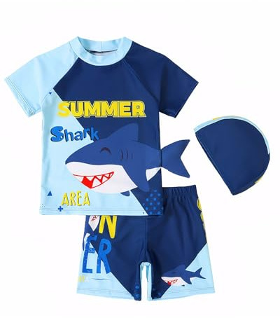WYTbaby Uv Kleidung Kinder Zweiteiliger Kurzarm Uv Badebekleidung Junge Dinosaurs Shark Badeanzug Junge für 7-8 Jahre