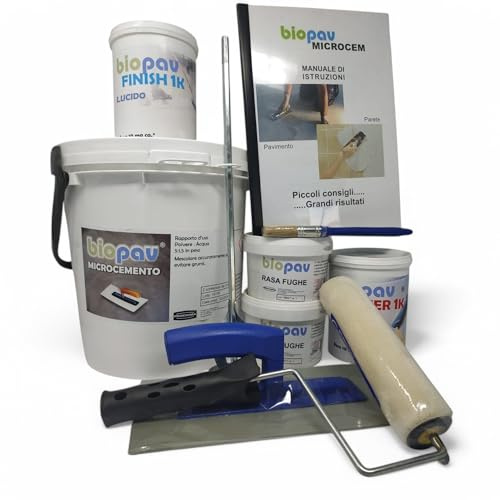 PROCHIMA Kit Biopav Microcemento – Rivestimento per pavimenti interni ed esterni, effetto spatolato. Resistente, impermeabile, include primer, finish, rasafughe e accessori – 10 mq, finitura lucida