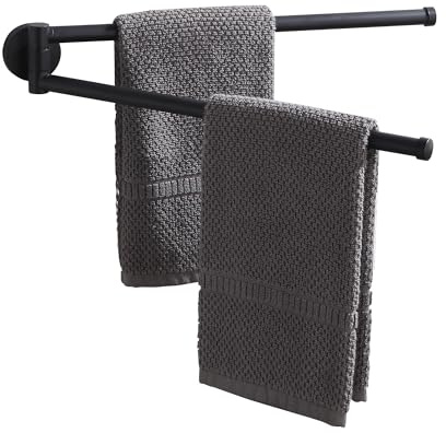 KLDKLD Swivel Towel Rack,Wall Mounted Towel Bar for Bathroom Swivel Towel Holder,Space Saving Towel Bar with Hook,Rustproof Black Towel Rack 180° Rotation Towel Holder for Bathroom