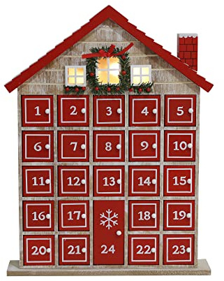 Calendrier de l'Avent en bois PE Maison de Noël rouge avec 24 tiroirs de rangement Organisateur de cadeaux avec éclairage LED Décoration de Noël