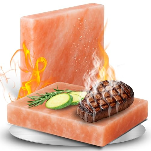 Grill Salzstein 2er Set XL aus reinem Himalaya Salz - Steinsalzplatte als Grillaccessoire zum Grillen - intensive Aromen beim Grillgut - Stein mehrfach wiederverwendbar & einfach zu reinigen