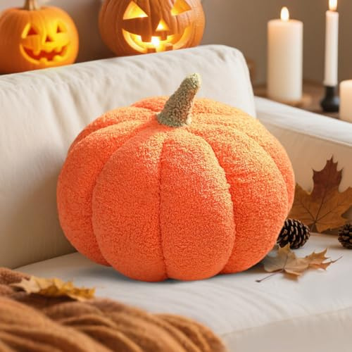 DASIAUTOEM 3D Plüsch Kürbis Dekokissen, Kürbis Kissen Herbstdeko, Halloween Zimmer Deko Zierkissen für Kinderzimmer Sofa Frucht Kinder Spielzeug Geschenk (Orange, 20cm)