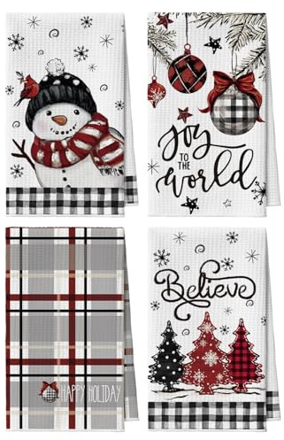 Artoid Mode - Set di 4 canovacci in microfibra, motivo bufalo nero a quadri, pupazzo di neve, albero, palla di Natale, decorazione natalizia, 42x65 cm, assorbenti, per la pulizia della cucina