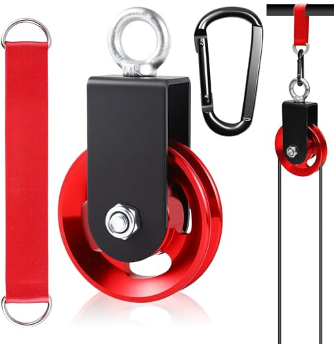 Zdhsufnvw Carrucola Palestra in Alluminio Rosso da 90 Mm Carrucola per Sollevamento con Staffa di Fissaggio a U Puleggia con Moschettoni e Cinghie di Fissaggio per Attrezzi da Palestra DIY ECC
