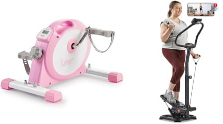 Sunny Health & Fitness Under Desk Smart Mini Pedal Exerciser, Dual Function Exercise Cycle Bike + 2-in-1 Power Stepper W/ Resistant Bands & Handlebar, Low-Impact Cardio, Adjustable, 150KG Max