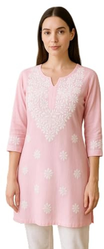 Women's Chikankari Hand Embroidered Rayon Kurti, 76 cm Short Ethnic Tunic Top, Party Wear Dress