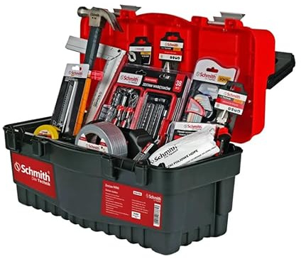 Schmith - Werkzeugkoffer Gefüllt mit Werkzeug, Werkzeugkiste Imbusschlüssel Satz, Knarrenkasten, Schraubendrehersatz, Isolierband, Hammer, Aluminiumwinkel und vieles mehr - Kleines Set