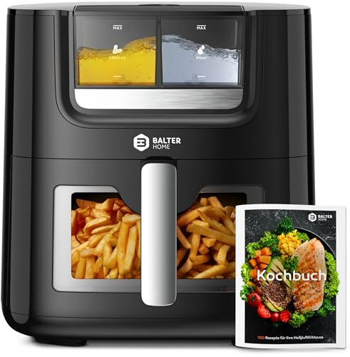 Balter Varmluftsfritös, luftfritös med olje- och vattensprayfunktion för extra krispig mat, 7,2 l XXL, varmluftsfritös med visningsfönster, 10 program, luftfritös, inkl. 100 recept, HL-710