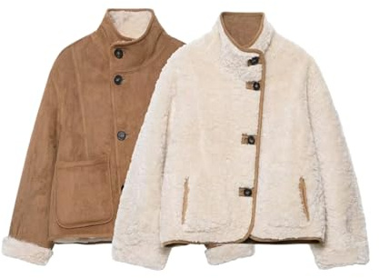 M&Catree Veste en Fausse Fourrure pour Femme Réversible Manteau Court d'Hiver à Boutons Col Montant Décontracté Chaud Manteaux Faux Suede - Blanc Marron, M