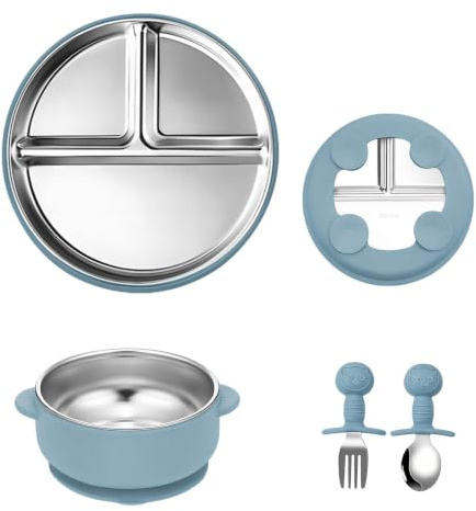 Oskuglin Vajilla Bebé 4 Piezas de Acero Inoxidable - Plato Ventosa Compartimentado, Bol Antideslizante con Asas, Cubiertos de Silicona Cuchara y Tenedor, Set de Alimentación Complementaria