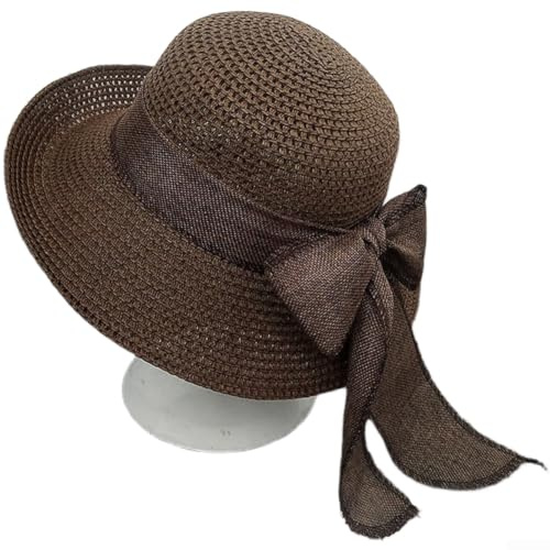 PureBowlic Dam brett brätte stråhatt med rosett, vikbar solhatt för strand sommarresor, andningsbar koreansk stil strandmössa i lavendel (kaffe)