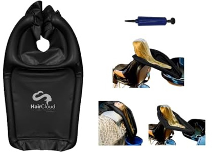 Inflatable Shampoo Funnel Cape for Washing Hair in Any Chair and Basin. Black Portable Tray Device to Use in Salon, at Home, Nursing Home or Hospital to Help Keep Clothes Dry! Pump Included!