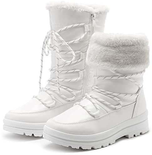 HEAWISH Women’s Winter Snow Boot Fur Lined Mid Calf Warm Boots(White, US11)