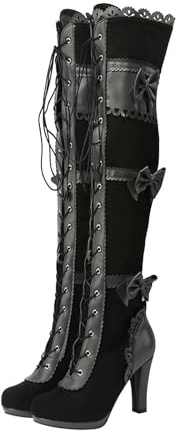 ESSUE Femme Bottes Haute en Cuir PU Zippées Hiver Longue Boots steampunk Sexy Boots Talon Bottes En Cuir à Laçage Punk Gothique Pointues Longues Bottes Hautes Cuissardes