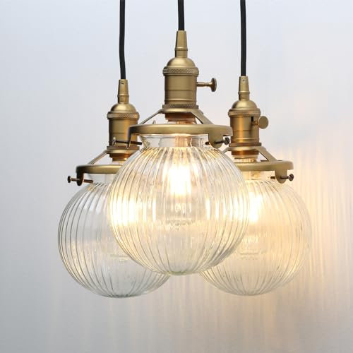 Yosoan Vintage Ribbed Glass 3 Ceiling Pendant Light with Globe Lampshade, Industrial Hanging Light Fitting Chandelier for Kitchen Island Dining Room Living Room Bedroom (Antique Gold)