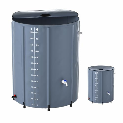 Aufun Plegable Barril de Agua de Lluvia, 500L Barril de Agua de Lluvia Tanque de Agua, con válvula de Drenaje y la Escala de Volumen, fácil Almacenamiento (Gris)
