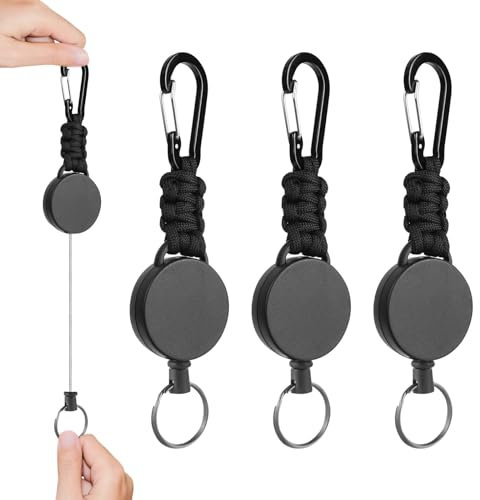 YUNPYCHY Indragbar nyckelring, 3 stycken infällbara nyckelringar, utdragbar nyckelband med fjäderkrok och ståltråd för nyckel ID-kort, svart, svart, 60 cm