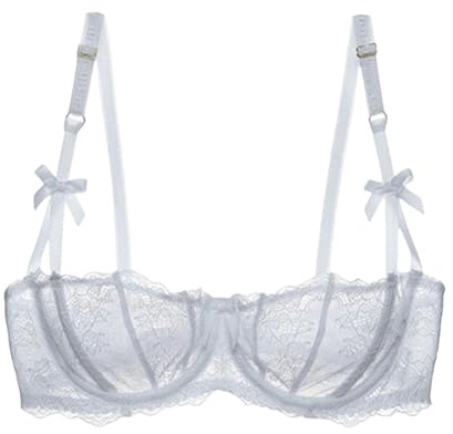 HLYLDL Women's Lace Mesh Balconette Bra Sheer Push Up Plus Size Sexy 1/2 Cups Underwire Unlined Bras Everyday Bra