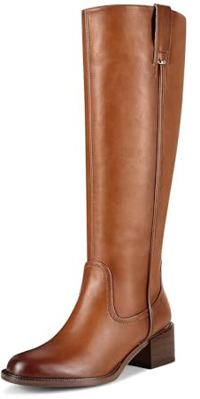 ITOZER Kniehohe Stiefel für Damen, klobiger Absatz, runder Zehenbereich, Leder-Lackstiefel, niedriger Blockabsatz, hohe Stiefel mit seitlichem Reißverschluss, braun, 39 EU