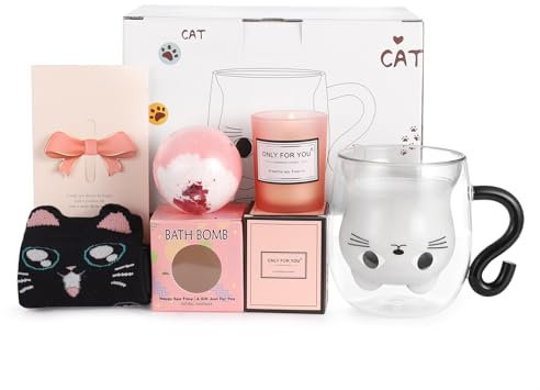 Qinhai Set Confezione Regalo Donna Tazza Gatto, Doppia Parete Vetro, da Caffe, Idee Regalo Amica Moglie Maestra Ragazzi, per Natale Pasqua Festa della Mamma Compleanno Halloween