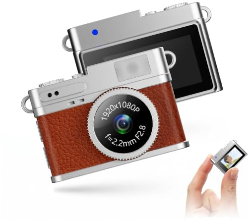 Bewinner Vintage Mini Digital Camera, Retro Style 1080p FHD Video Cam, LED Fill Light Pocket Digital Cameras, Portable Compact with 128GB Card (Brown)