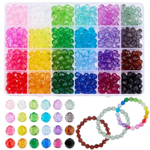PH PandaHall 600pcs 8mm Faceted Crystal Beads for Bracelets, 24 Colors Acrylic Faceted Rondelle Bead Transparent Gem Beads Rainbow Loose Bead for Summer Bracelet Necklace Earring Jewellery Making