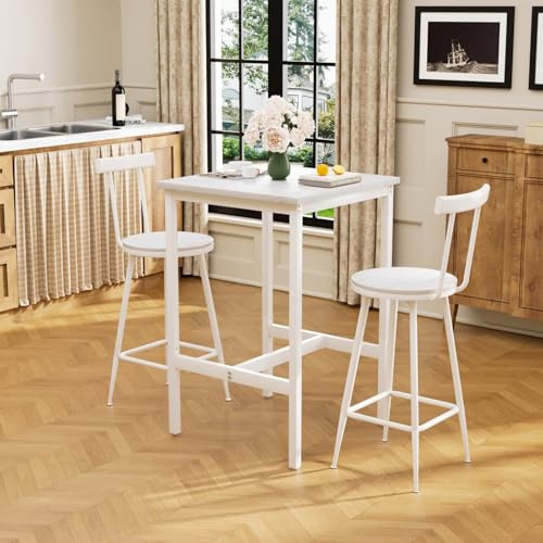 EURHCIO Table de Bar avec 2 Tabourets,Table Haute et avec 2 Chaises,pour 2 Personnes,60x60x92cm,pour Cuisine Salle à Manger Salon Bar (Blanc-D)