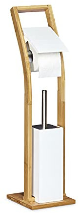 Relaxdays Stand WC Garnitur Holz HBT 75 x 19 x 19 cm Toilettenbürstenhalter aus Bambus mit Toilettenpapierhalter und Klobürste als Klorollenhalter freistehend WC Bürstengarnitur, natur weiß