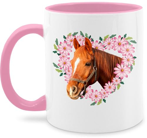 Tasse Tassen 325ml - Pferde - Pferdekopf mit Blumenherz I Pferdeliebe Geschenk Reiter I Pferdemädchen - 325 ml - Rosa - pferdetassen gifts for horse lovers sprüche pferd pferdetasse fanmug
