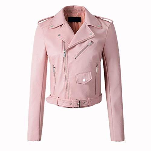 LucaSng Chaqueta de Cuero PU para Mujer, Mujer Invierno Retro Cremallera Bombardero Chaquetas Corta Deportiva Cuero PU Biker Cazadoras Imitacion Piel Moto Abrigos (Rosado, L)