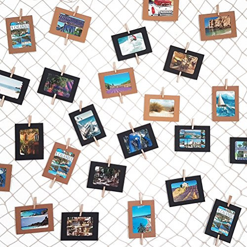 LeTOMA – Rete per foto 2 x 1,5 m in 100% cotone, ideale per appendere foto – 75 mollette in legno stabili (5 cm di lunghezza), 20 ganci bianchi discreti, 4 ventose – Deconcetto, corda per foto