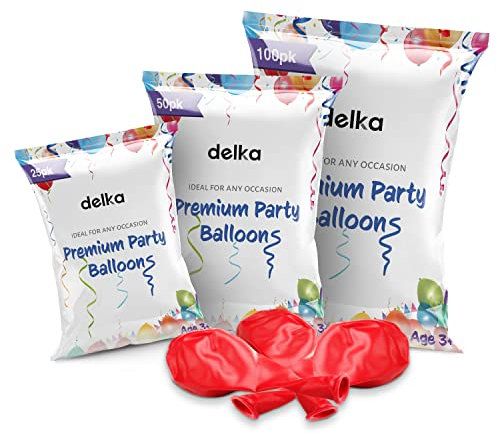 delka 12-Inch Latex Balloons - Pack of 50 Red | Decorative Balloons for Birthday Party, Wedding, Baby Shower, Christmas & New Year Decorations | Air or Helium Fill | Eco-Friendly Latex (Not a Toy)