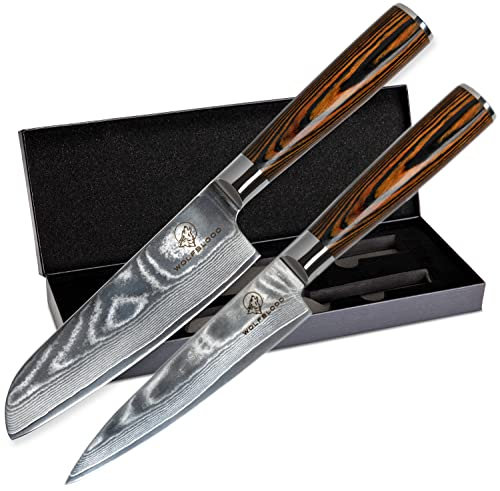 Wolfblood Damastmesser-Set 2er (24cm) Profi-Damast-Küchenmesser aus 67 Lagen Damaststahl I - mit Chefmesser Santoku Messer Holzgriff Geschenkbox und Klingenschutz