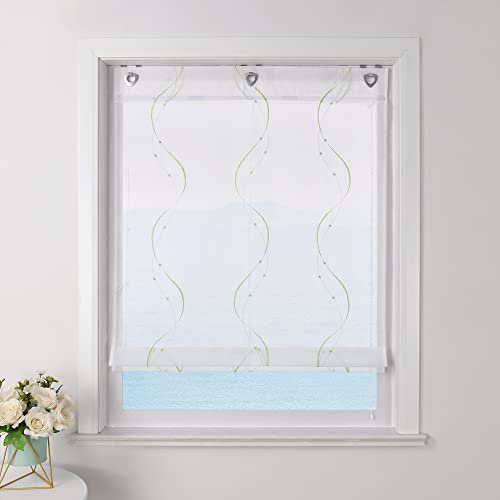 ESLIR Raffrollo ohne Bohren Weiß Raffgardine mit Ösen Transparent Gardinen mit U-Haken Ösenrollo Modern Bestickt Grün BxH 80x140cm 1 Stück