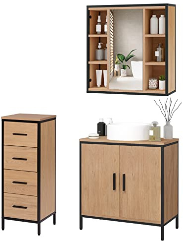 EUGAD Badezimmer Badmöbel Set Waschbeckenunterschrank Unterschrank Badezimmerschrank mit Spiegelschrank Hängeschrank für Bad Kommode mit 4 Schubladen Metall + Holz Model 8