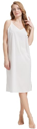 BEAUTELICATE Women V-Neck Long Full Slip 100% Cool Cotton Underdress Underskirt Petticoat Summer Straight Midi Spaghetti Strap Nightdress Nghtie Chemise White Black Nude