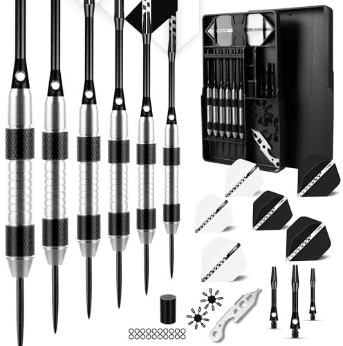 CyeeLife Dartpfeile mit Metallspitze,6 Stück 24 Gramm Profi Steeldarts 9 Aluminium Schaft mit 12 Flights, 20 Orings, 2 Flight Protektoren,Sharpener und Werkzeug Geschenketui (Weiß)