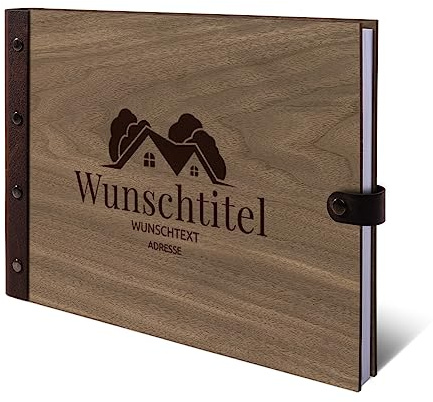 Personalisiertes Ferienwohnung Gästebuch echtes Holz DIN A4 Besuchergästebuch mit Lasergravur - Modern - mit 72 Blatt / 144 Seiten Naturpapier Weiß