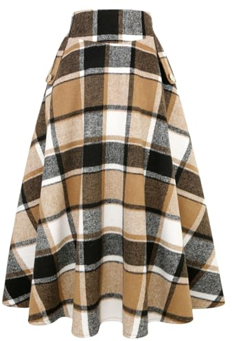 Long Skirts for Women Fall Winter High Waisted Wool Tartan Sweater Corduroy Tweed Plaid A Line Pleated Maxi Skirt(Plaid Brown New, L)