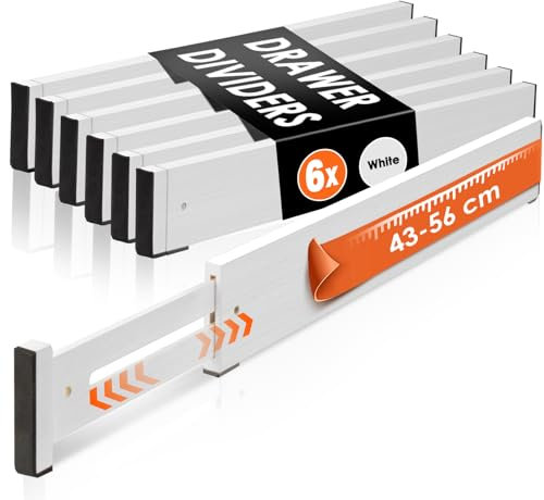 MUUKAIII Schubladentrenner Verstellbar (43-56 cm, 6 cm Hoch) 6er-Set Schubladen Organizer Küche Kleiderschrank, Schubladenteiler Bambus, Trenner für Schubladen Ordnungssystem für Kleidung - Weiß