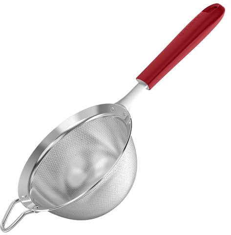 U-Taste Tamiz de malla fina mediana: colador de cocina de acero inoxidable 18/8 de 12cm con mango de silicona resistente remachado, ideal para tamizar harina, colar té arroz quinua (Rojo)