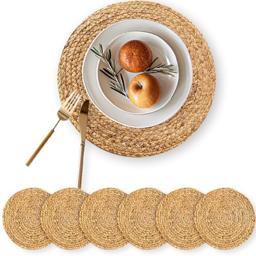 MRS WOODS EVENTS Set di 6 tovagliette rotonde in giacinto d'acqua da 34 cm, tovagliette in rattan bohémien, tovagliette in vimini resistenti al calore, per tavolo da pranzo, per interni ed esterni