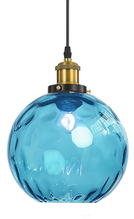 EKSED Wellenförmige Glaskugel-Hängeleuchte – Pendellampe mit Messingschirm für Kücheninsel & Esszimmer (Hellblau, 20cm)