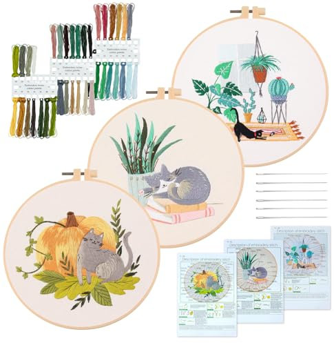 XM-GENYUE Anfänger Stickset für Erwachsene, Katzenmuster Stickset 3 teilig, enthält Stickrahmen, Stoff, Anleitung und Werkzeuge ideal für DIY Kunst, Handwerk